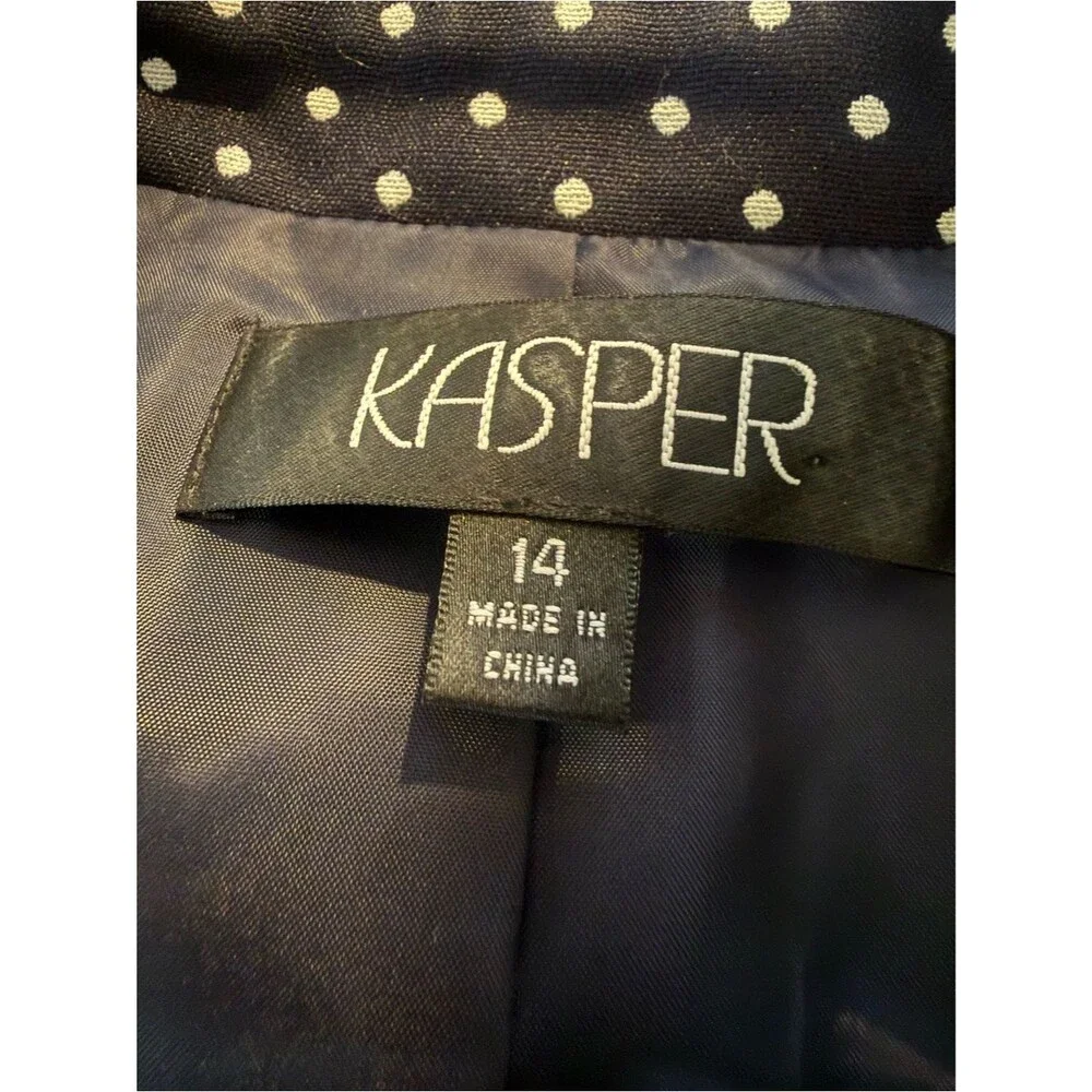 Kasper Skirt Suit Size 14 Navy Blue & White Polka-Dot 2-Piece Set Blazer & Skirt